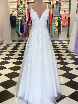 A Line V Neck Floor Length Lace White Long Prom Dresses White Lace Formal Dresses V Neck White Evening Dresses