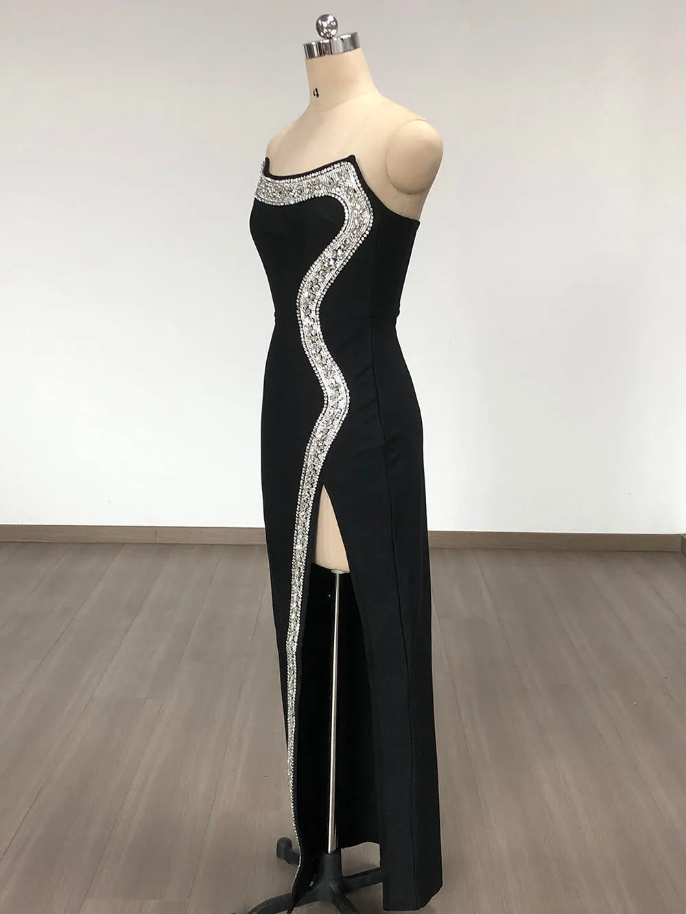 Amber-embellished Bandage Gown in Black