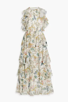 AMUR Crepe De Chine Floral Tiered Maxi Dress, Yellow