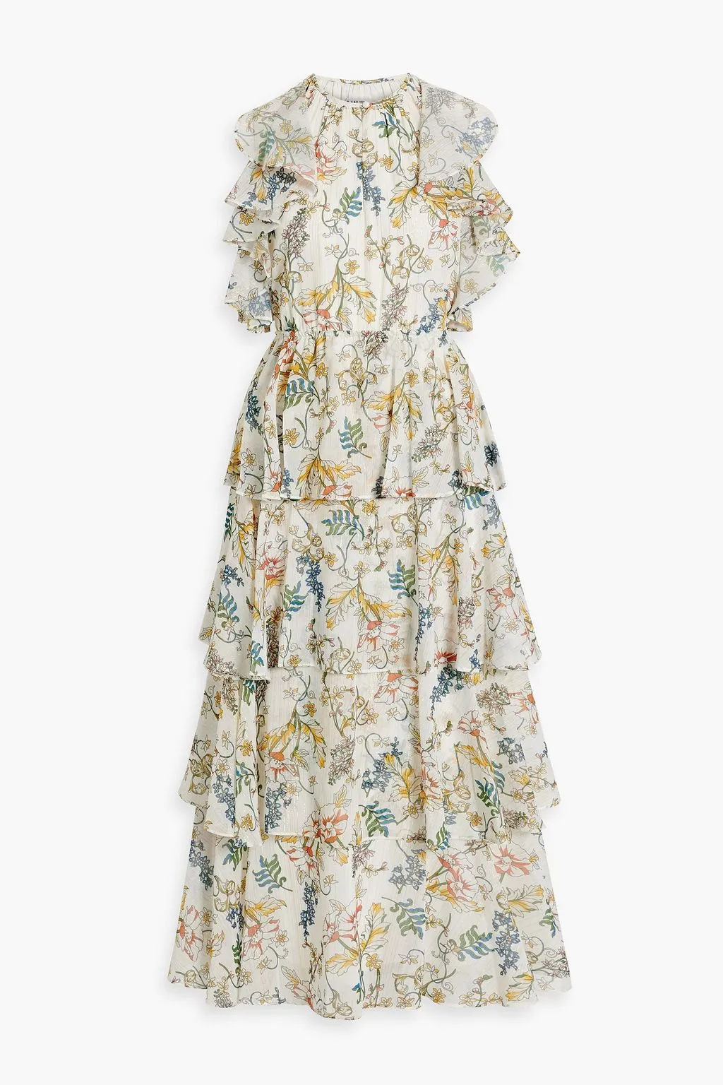 AMUR Crepe De Chine Floral Tiered Maxi Dress, Yellow