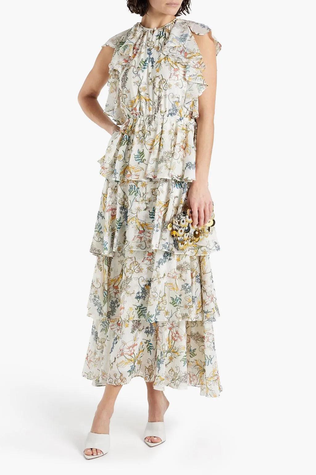 AMUR Crepe De Chine Floral Tiered Maxi Dress, Yellow