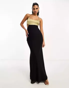 ASOS Black Chiffon Slip Maxi Dress with Cutouts and Color Block Satin Bodice