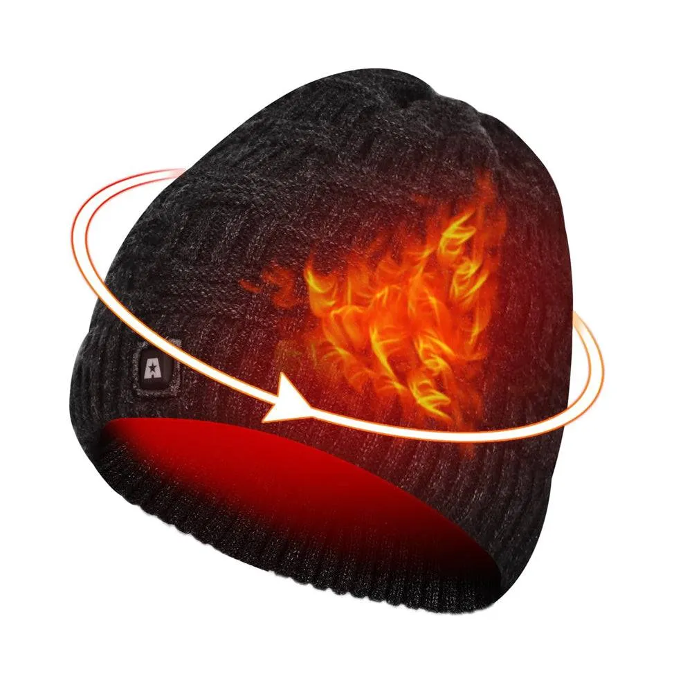 Battery Heated Beanie Electric Winter Heated Hat with Rechargeable Battery Unisex Black