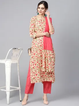 Beige Colored Floral Printed Straight Kurta With Solid Pink Pants & Mul Dupatta