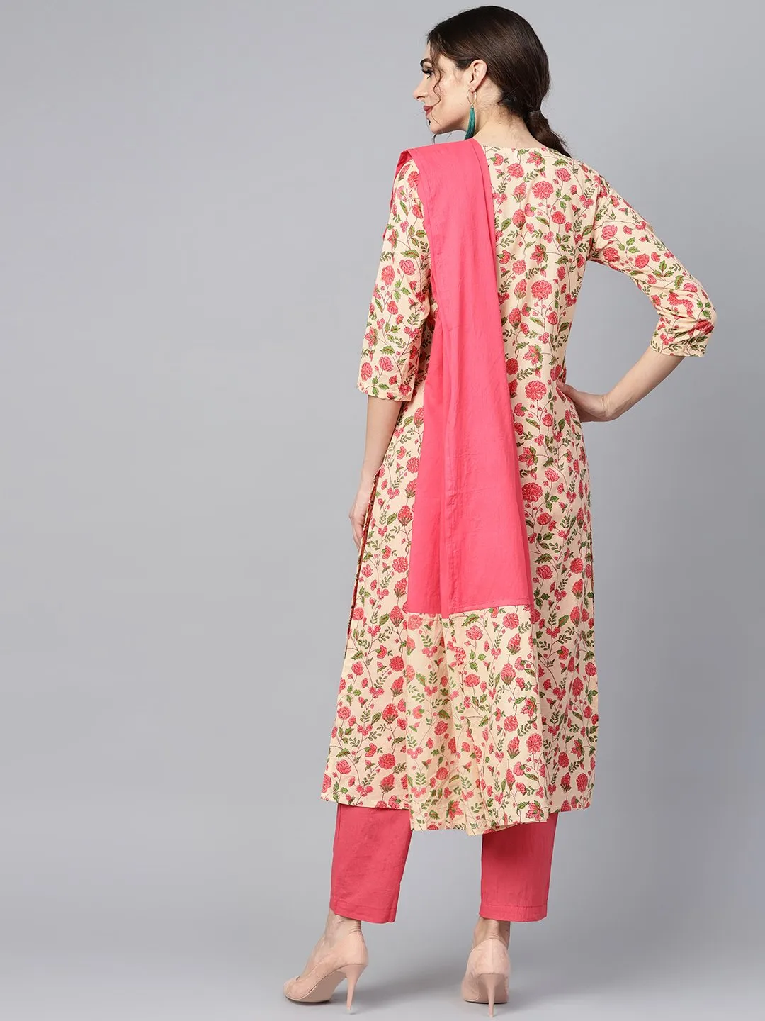 Beige Colored Floral Printed Straight Kurta With Solid Pink Pants & Mul Dupatta