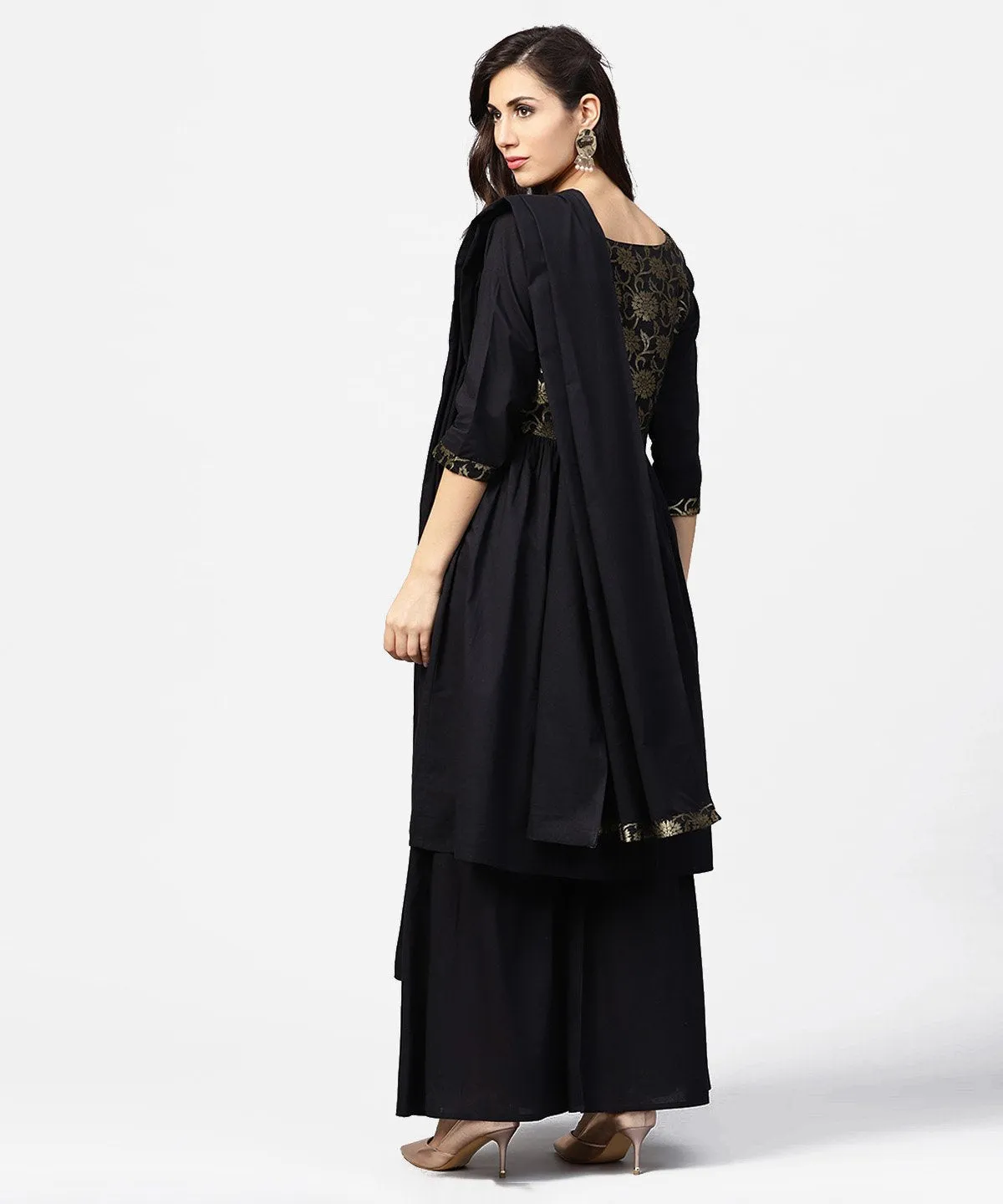 Black 3/4Th Sleeve Cotton Anarkali Kurta With Brocade At Yoke With Ankle Length Palazzo & Dupatta