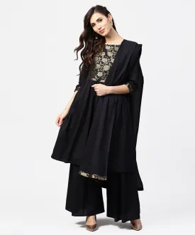 Black 3/4Th Sleeve Cotton Anarkali Kurta With Brocade At Yoke With Ankle Length Palazzo & Dupatta