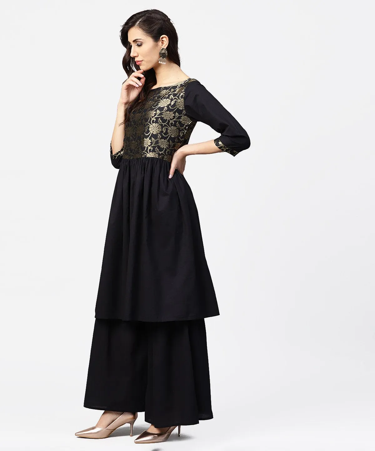 Black 3/4Th Sleeve Cotton Anarkali Kurta With Brocade At Yoke With Ankle Length Palazzo & Dupatta