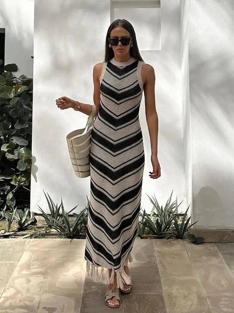 Bohemian Maxi Dress with Tassel Stripes for Summer