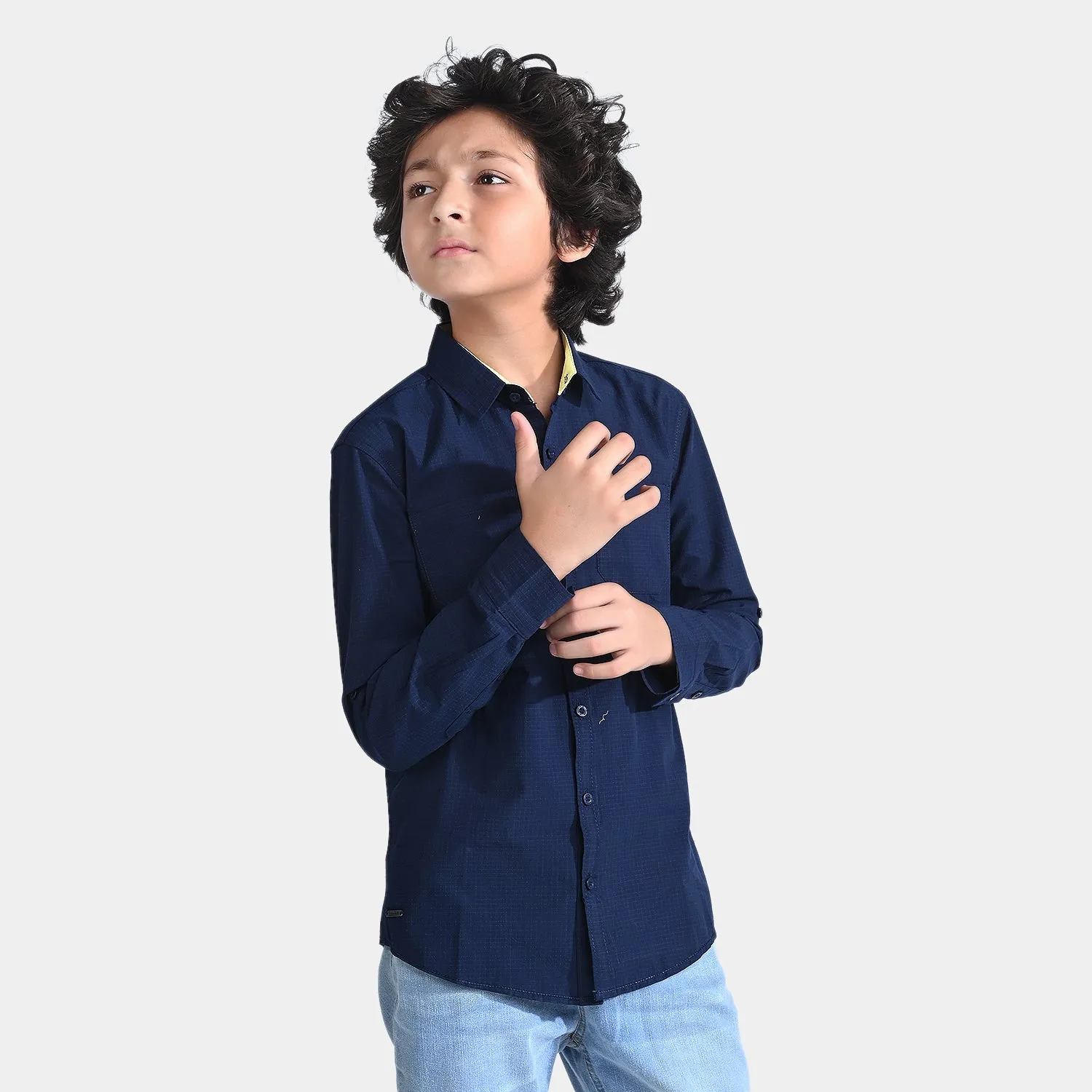 Boys Yarn Dyed Casual Shirt F/S (Double Pocket)-Navy Blue