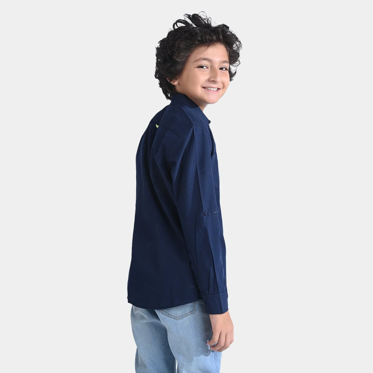 Boys Yarn Dyed Casual Shirt F/S (Double Pocket)-Navy Blue