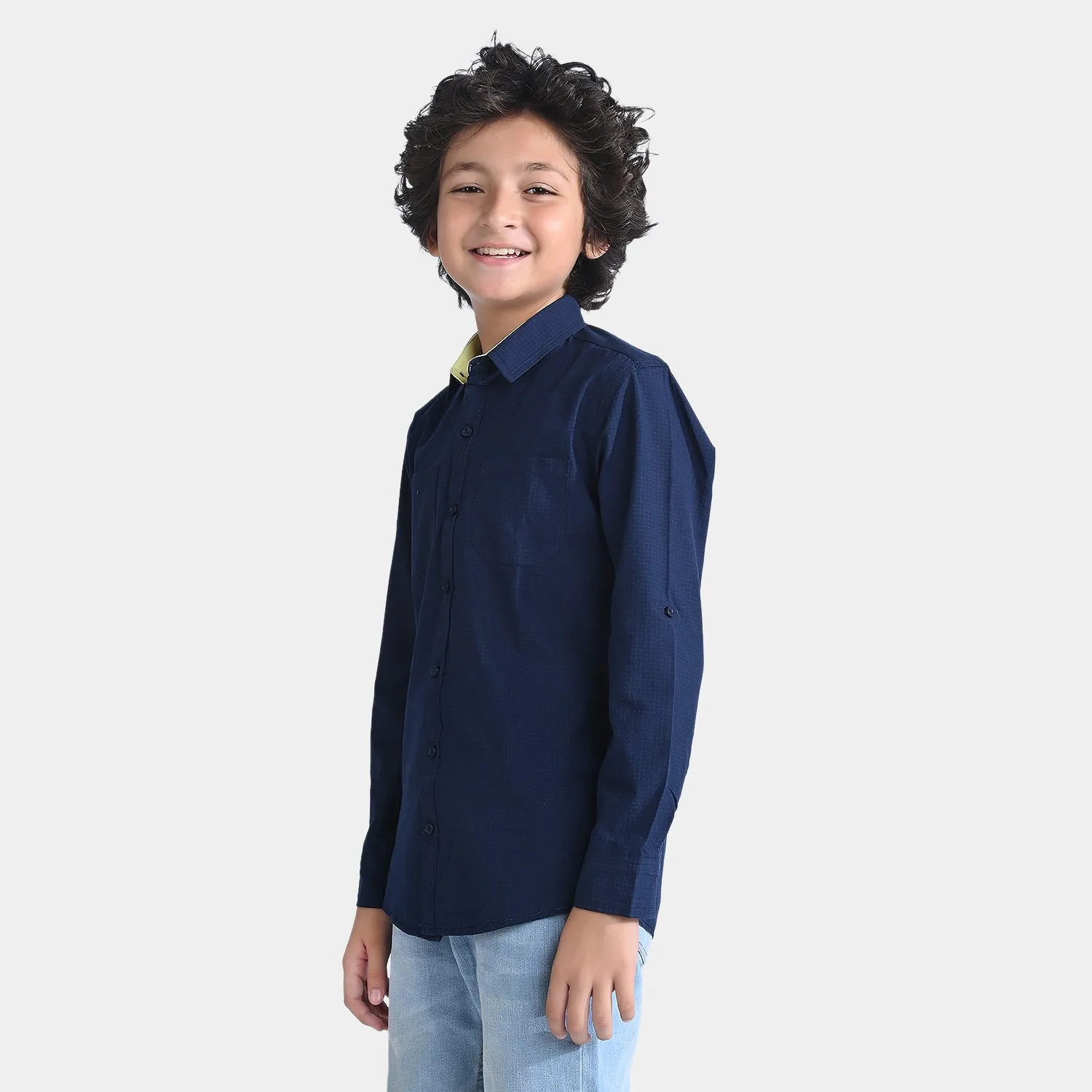 Boys Yarn Dyed Casual Shirt F/S (Double Pocket)-Navy Blue