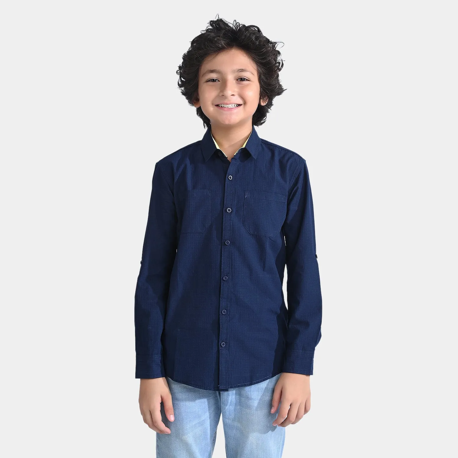 Boys Yarn Dyed Casual Shirt F/S (Double Pocket)-Navy Blue