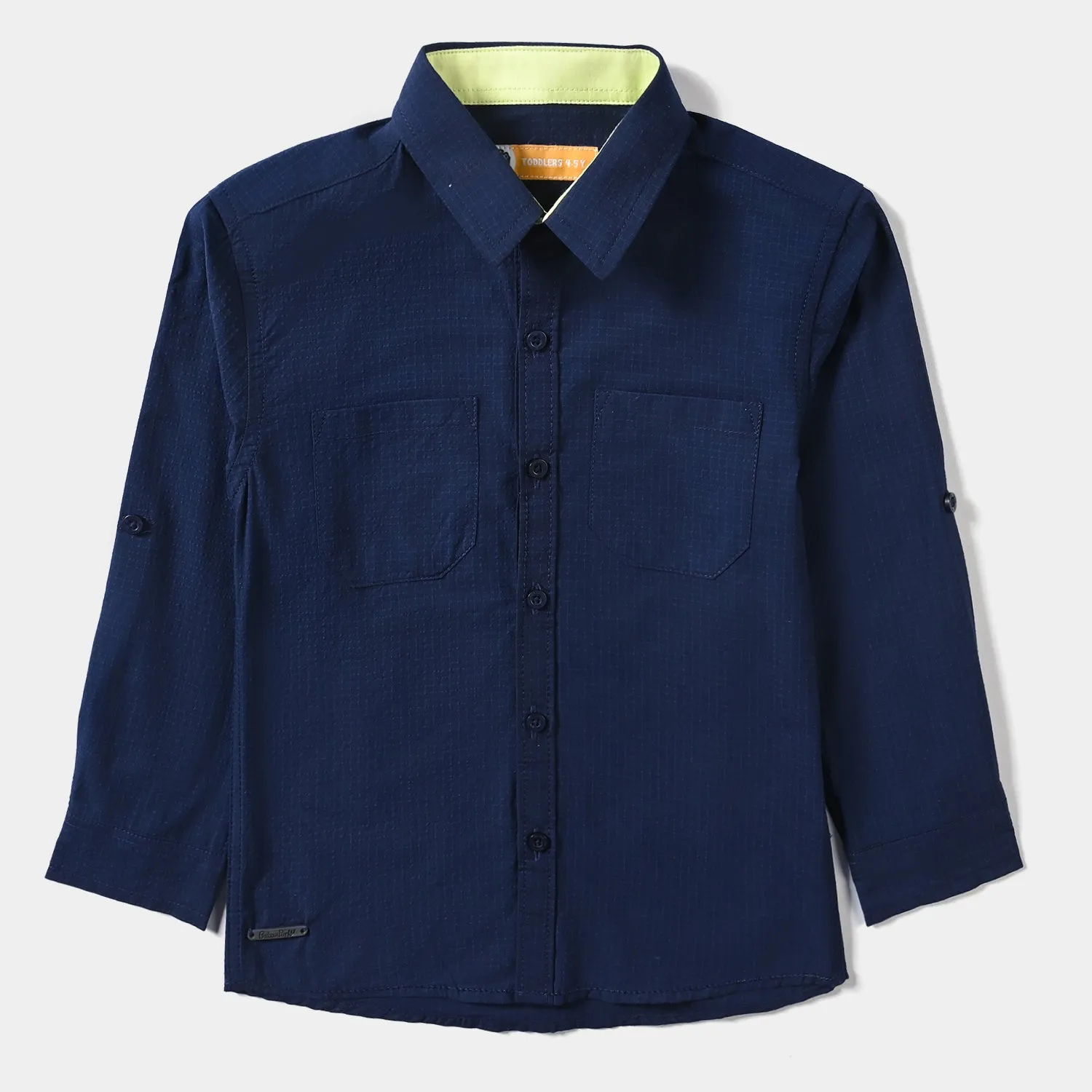 Boys Yarn Dyed Casual Shirt F/S (Double Pocket)-Navy Blue