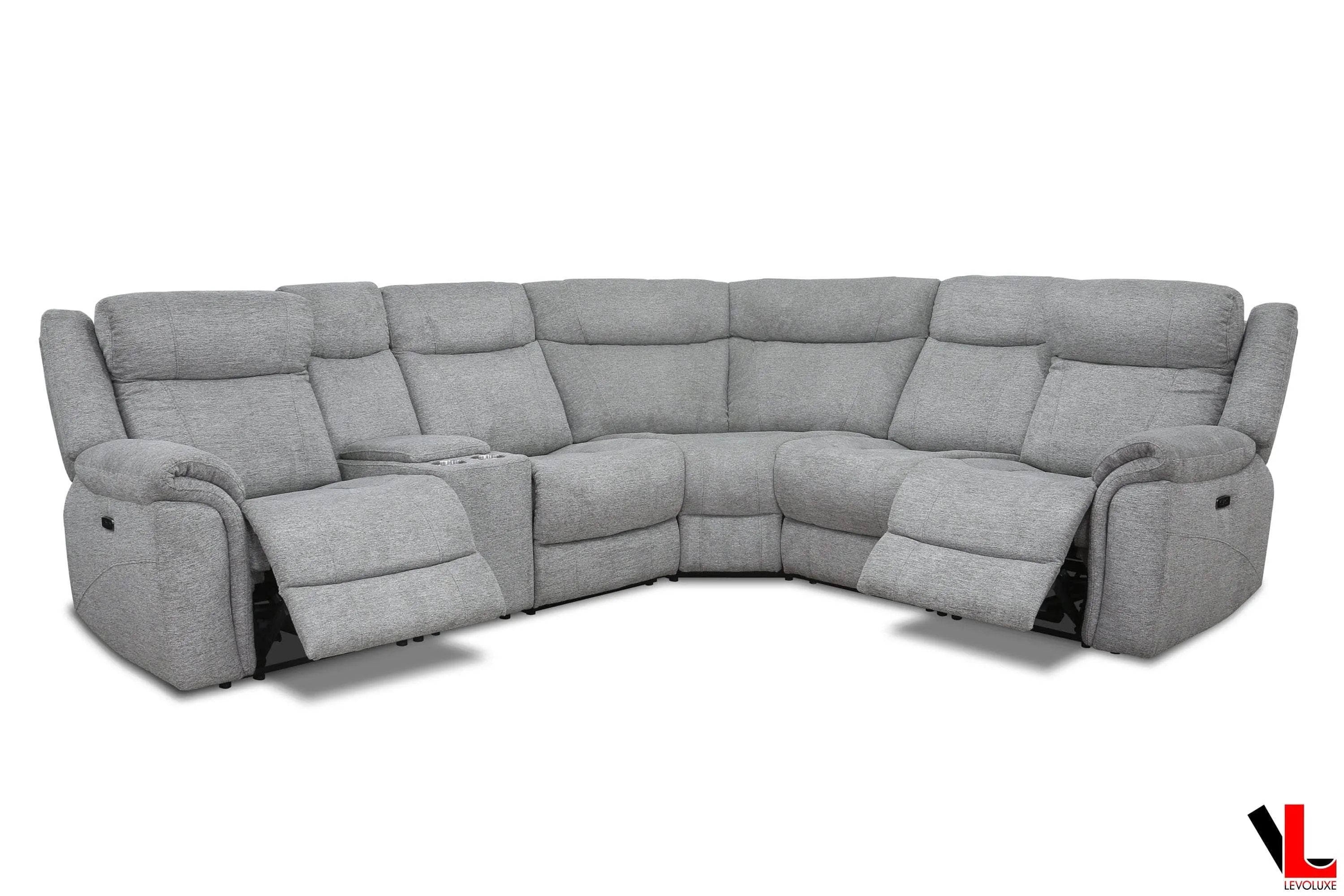 Braun Corner Sectional Sofa with Console, Power Recliners, and Power Headrests in Tweed Ash Fabric