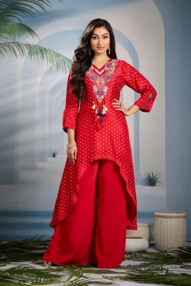 Bright Red Bandhani Printed Kurta Set