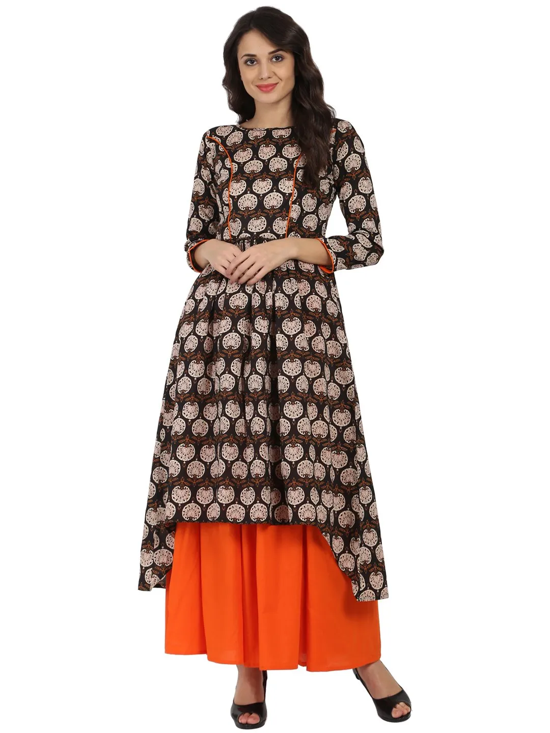 Brown Printed 3/4Th Sleeve Cotton A-Line Kurta With Orange Flared Skirt