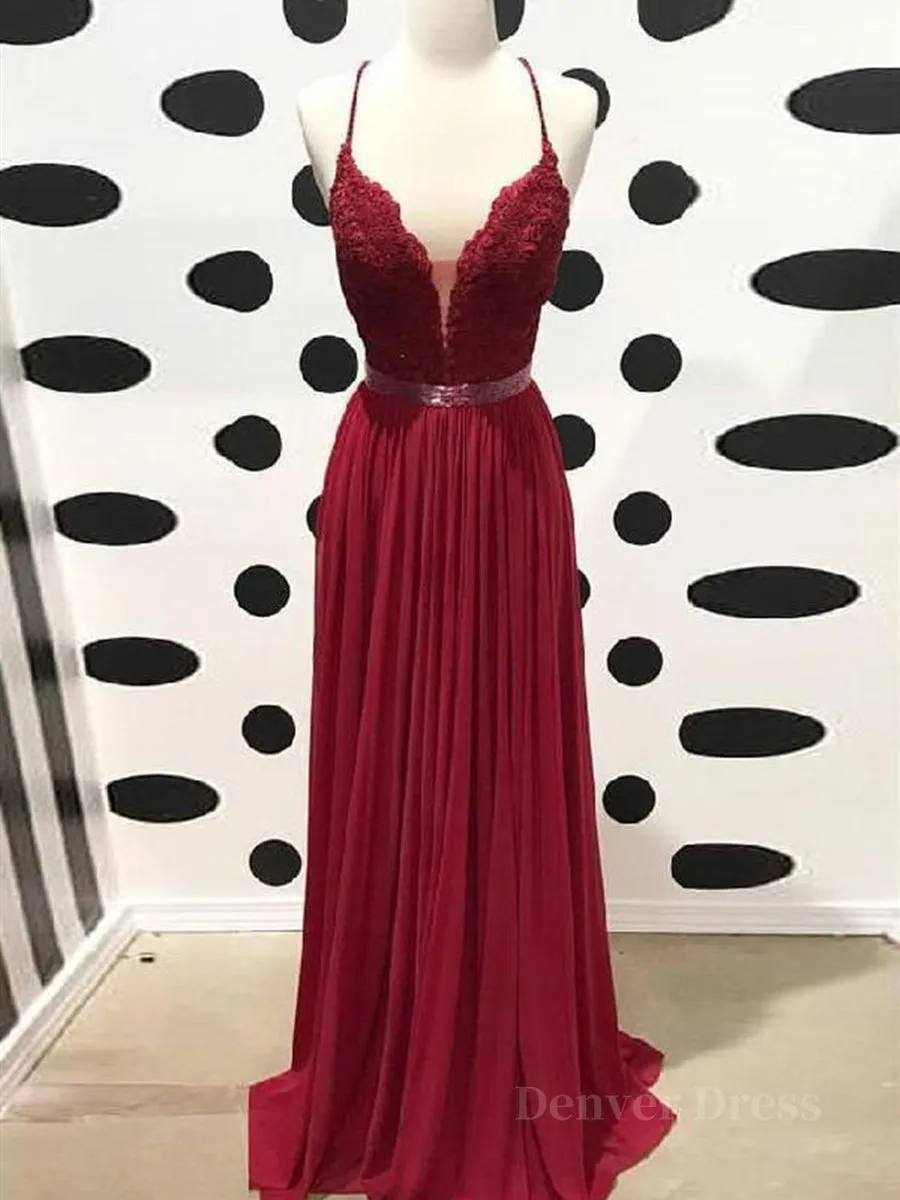 Burgundy A Line V Neck Backless Lace Tulle Long Prom Dresses Burgundy Lace Formal Dresses Burgundy Evening Dresses