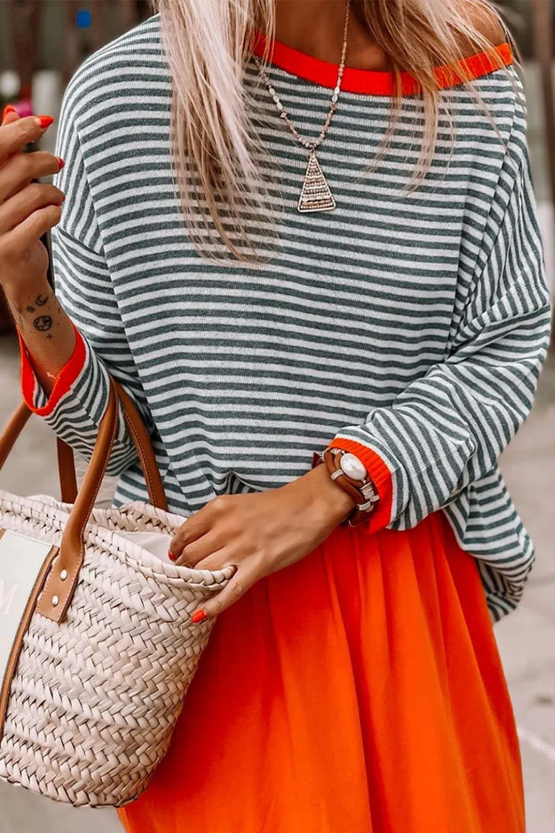 Casual Striped Contrast O Neck Tops