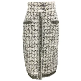 Chanel Ivory / Black / Grey 2009 Ribbon Trimmed Boucle Tweed Skirt