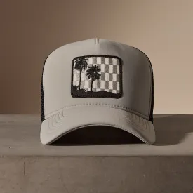 Checkered Palm Embroidered Trucker Hat - Pale Grey