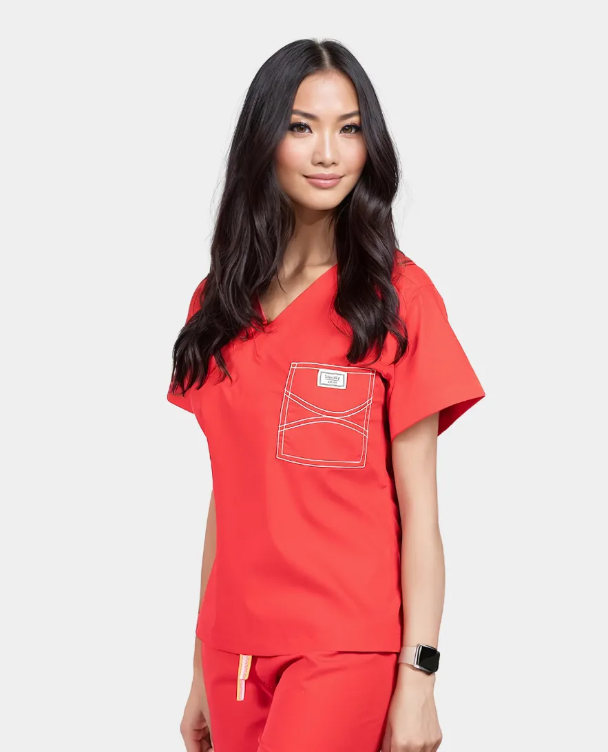 Classic Summer Fun Scrub Tops - Sun-Kissed Scarlet