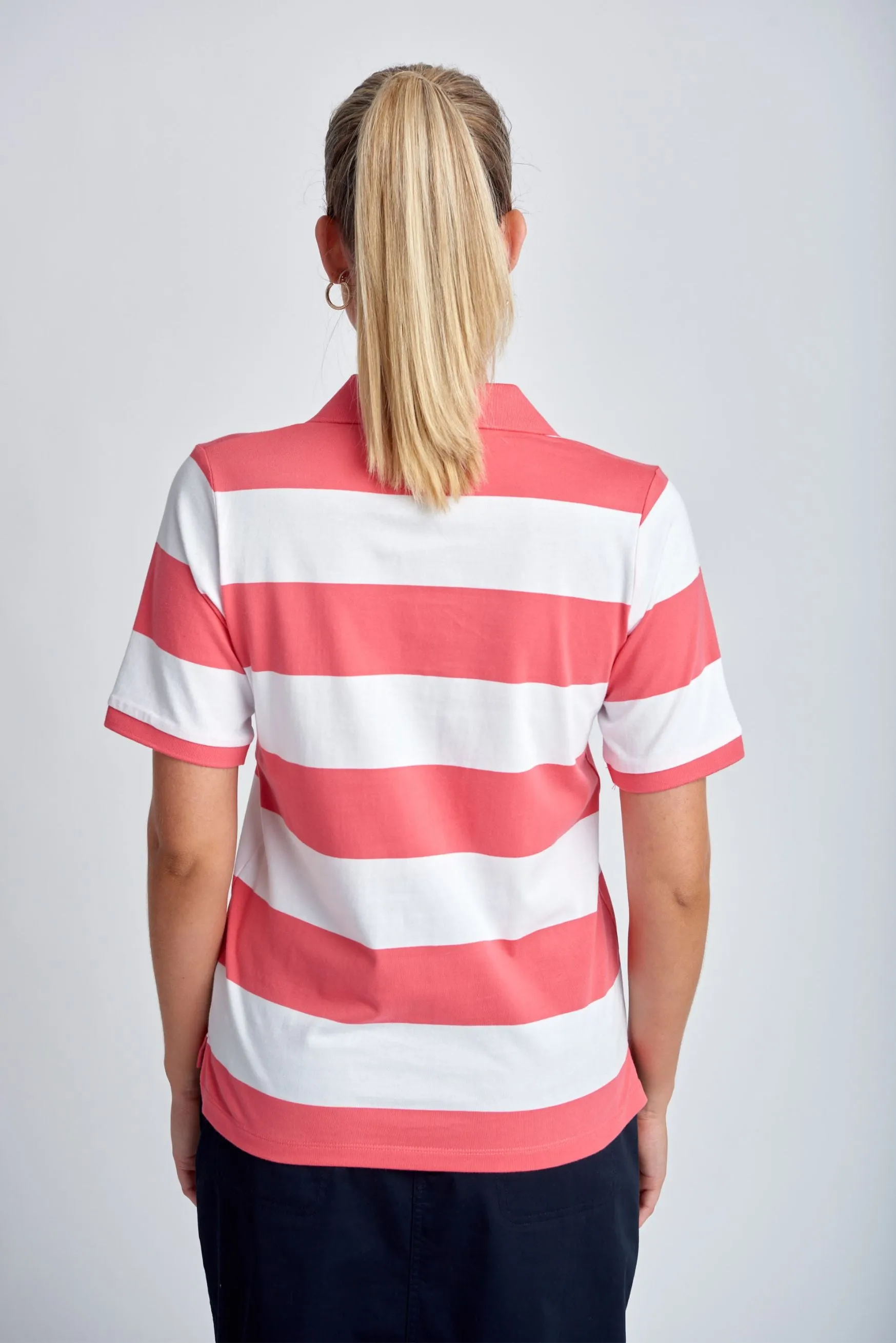 Cotton Striped Classic Fit Polo Shirt Coral/White