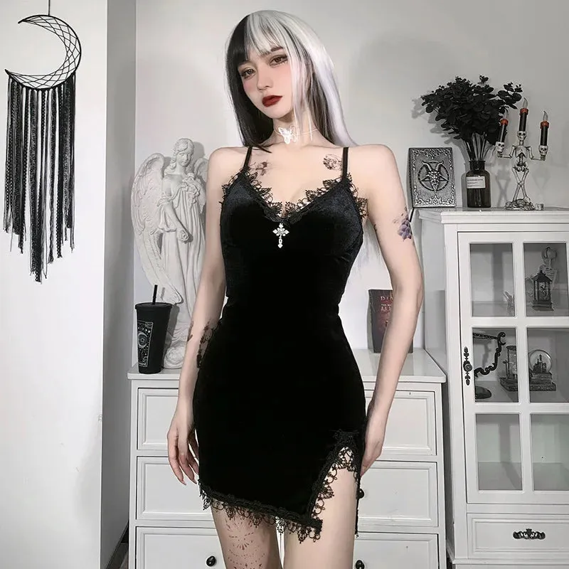 Dark High Black Waist Sexy Spaghetti Slit Cross Vintage Club Strap Party Gown