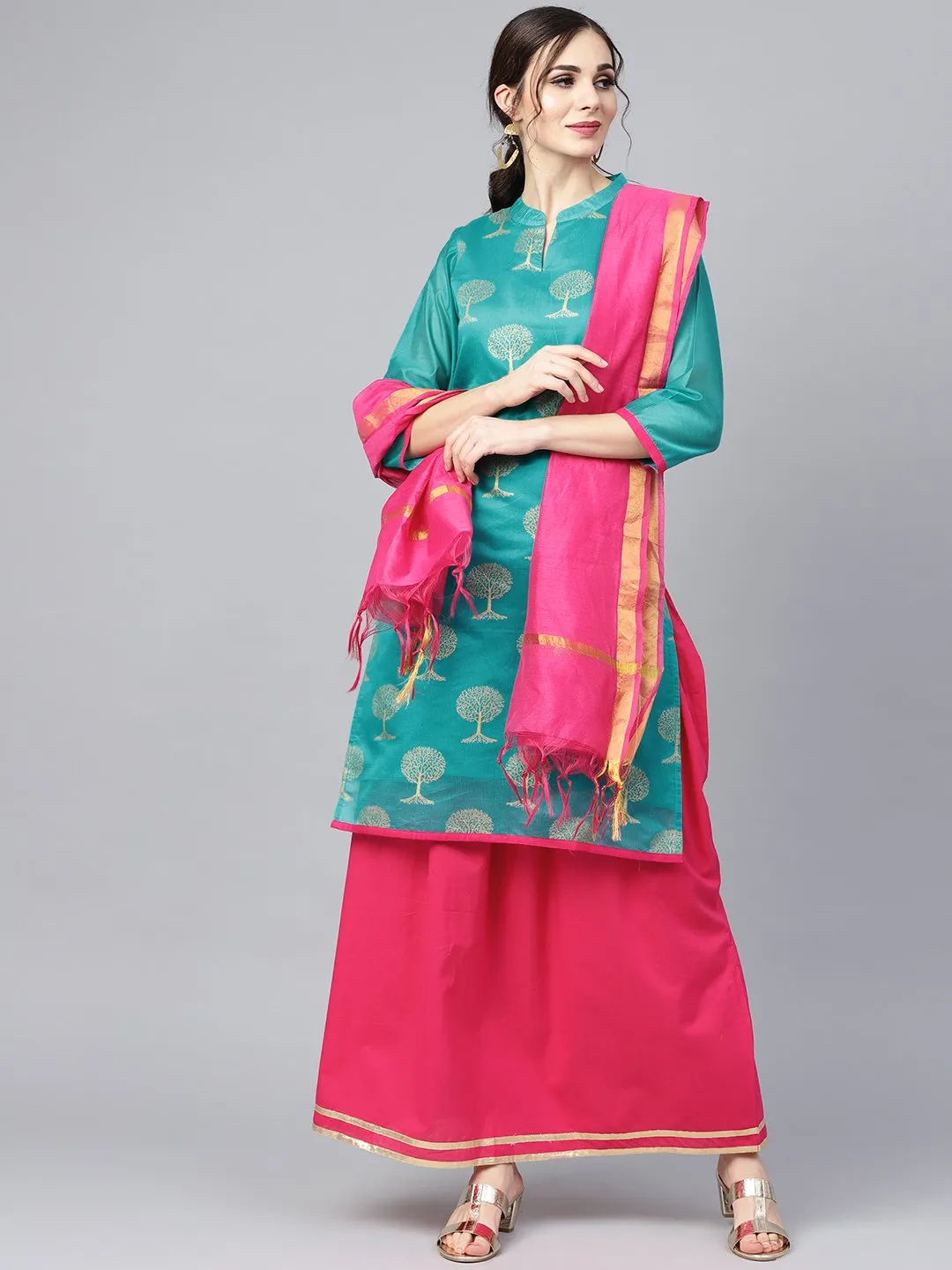 Floral Foil Print Chanderi Straight Kurta (With Lining) With Solid Skirt And Printed Dupatta