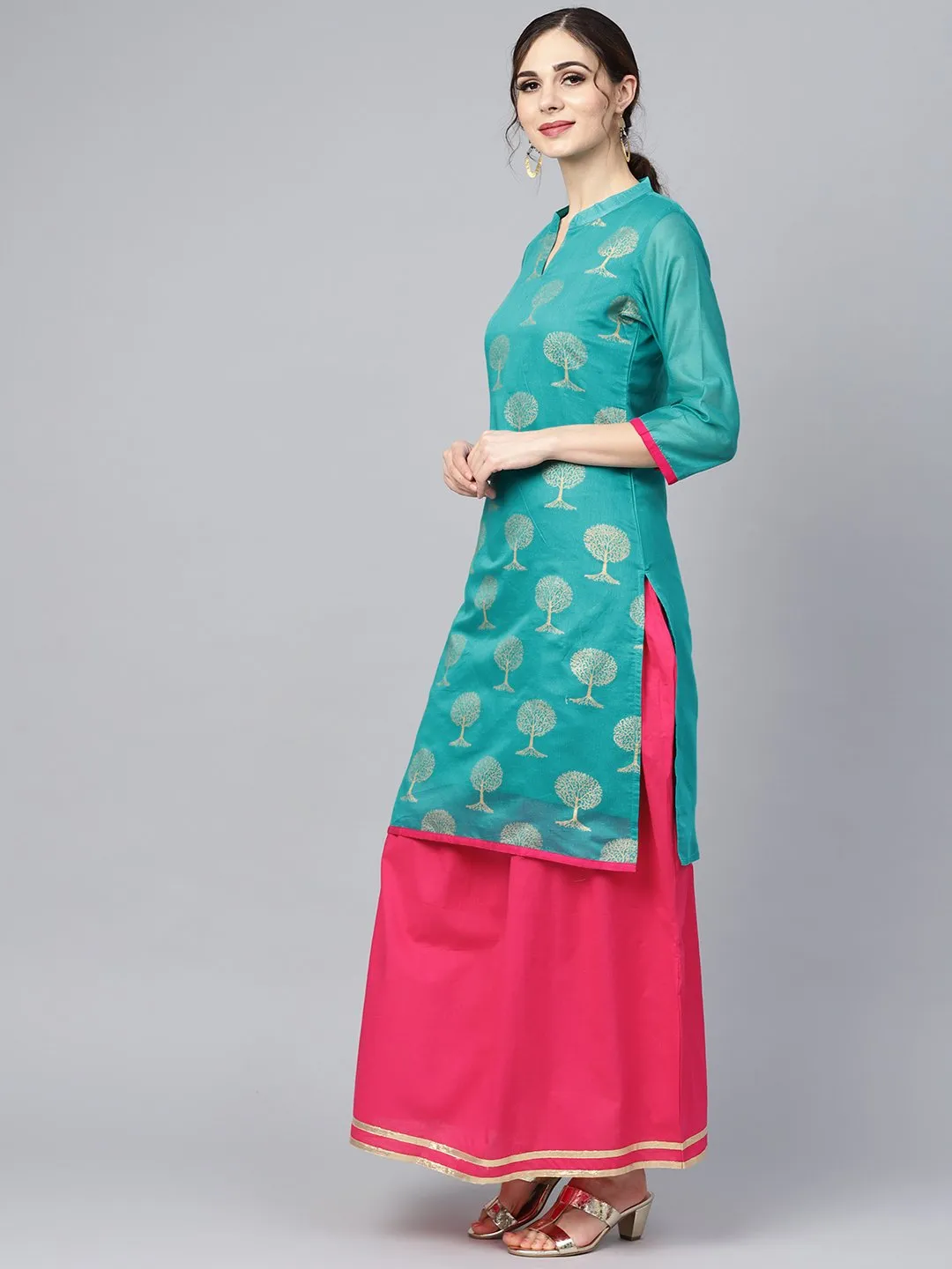 Floral Foil Print Chanderi Straight Kurta (With Lining) With Solid Skirt And Printed Dupatta