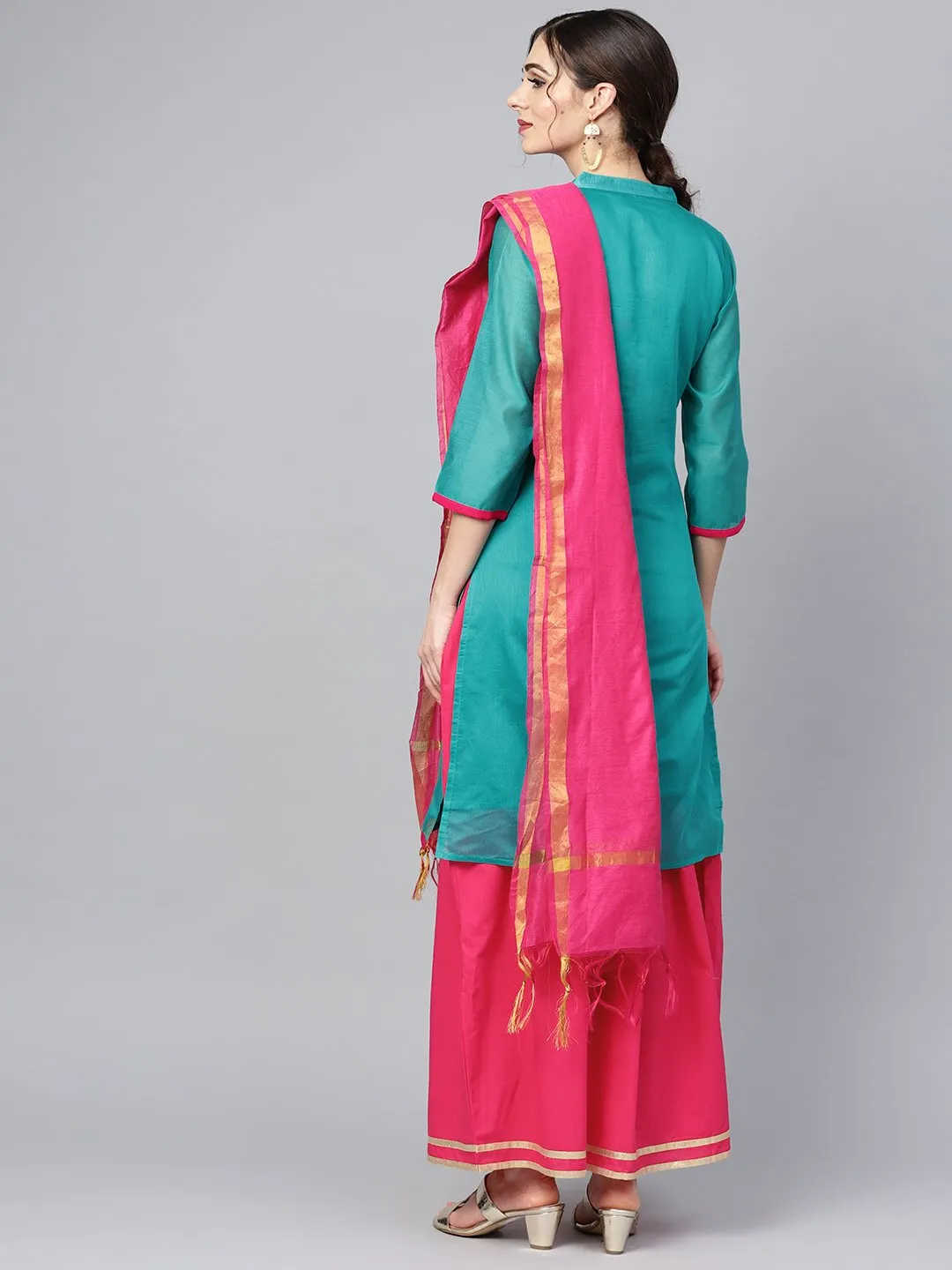 Floral Foil Print Chanderi Straight Kurta (With Lining) With Solid Skirt And Printed Dupatta