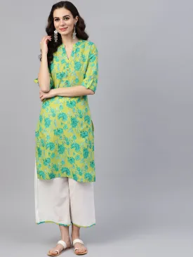 Fluorescent Green & Blue Floral Printed Kurta Set With White Palazzo With Print Detailing