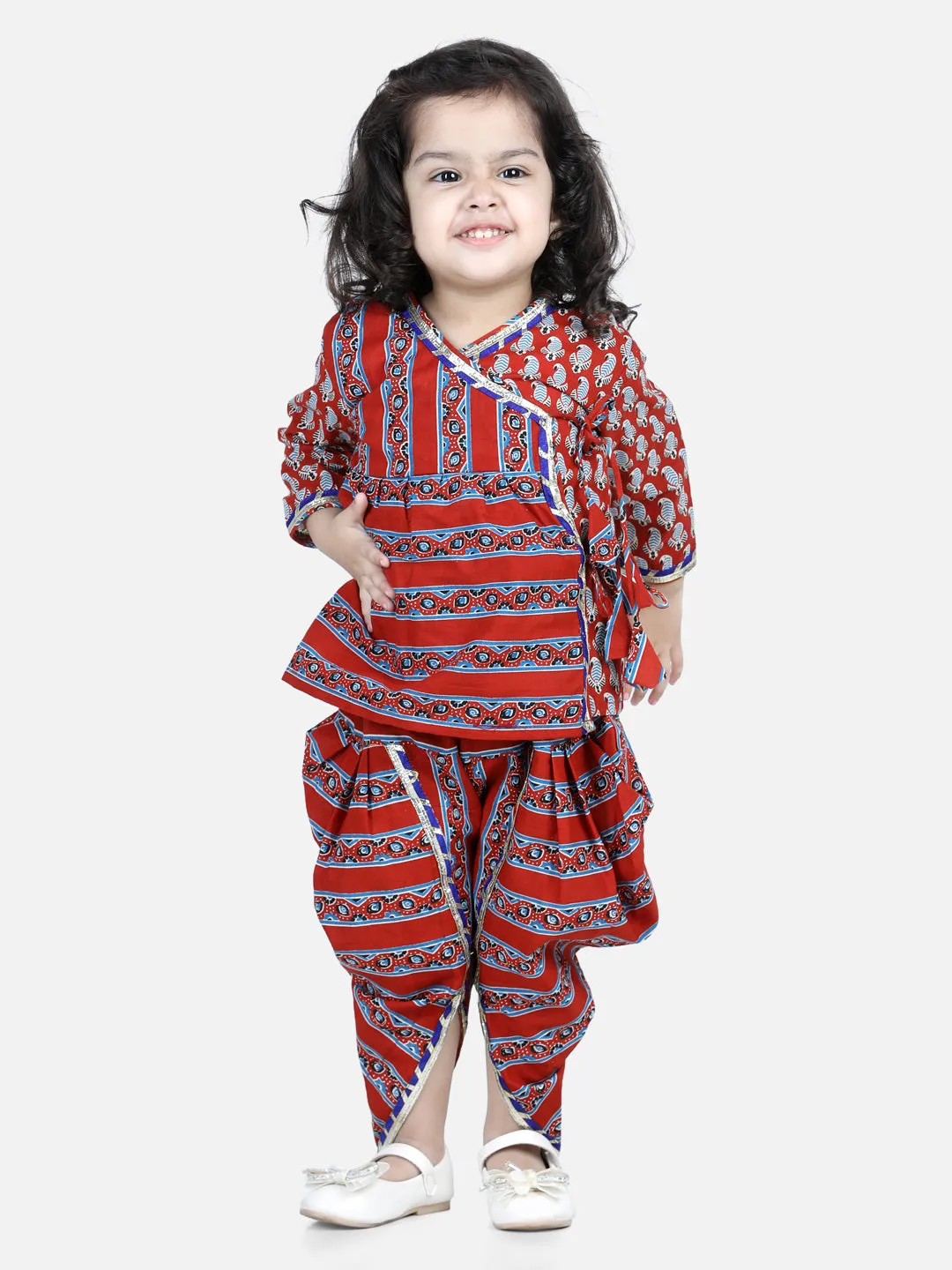 Front Open Pure Cotton Angrakha Top with Harem pant Co Ords Indo Western Clothing Sets- Red