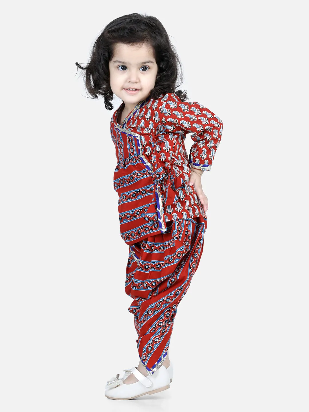 Front Open Pure Cotton Angrakha Top with Harem pant Co Ords Indo Western Clothing Sets- Red