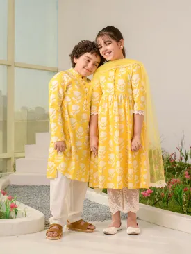 Girls Floral Printed Regular Pure Cotton Kurta With Pyjamas Dupatta