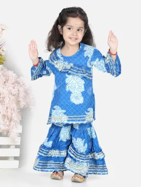 Girls  Printed Pure Cotton Kurti With Sharara Sets - Blue