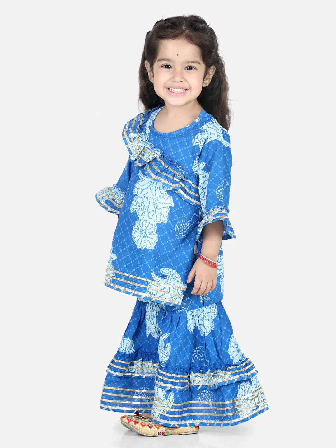 Girls  Printed Pure Cotton Kurti With Sharara Sets - Blue