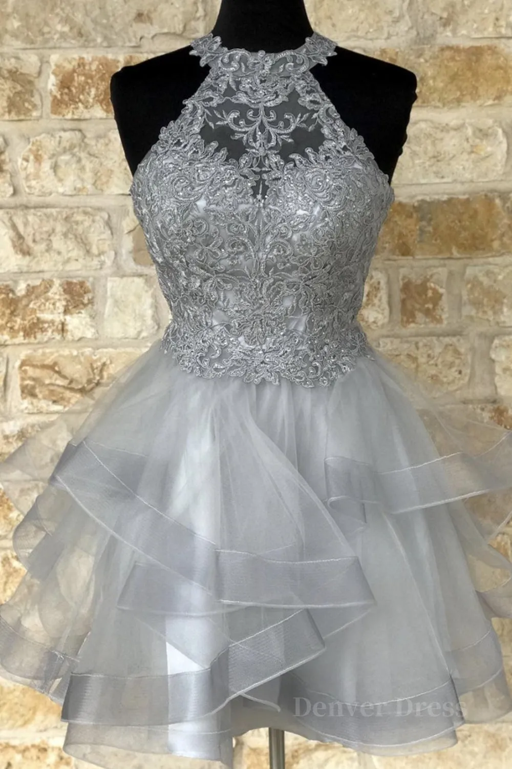 Gray Lace Short Prom Dresses Fluffy Gray Lace Homecoming Dresses Gray Formal Evening Dresses