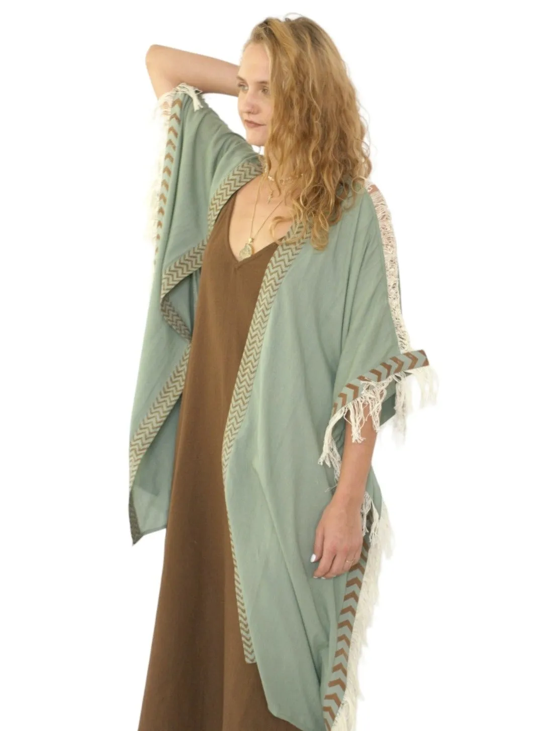 Green Sage Closed-Back Fringe Poncho