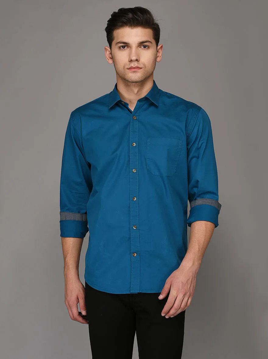 Greenfibre Blue Solid Regular Fit Casual Shirt