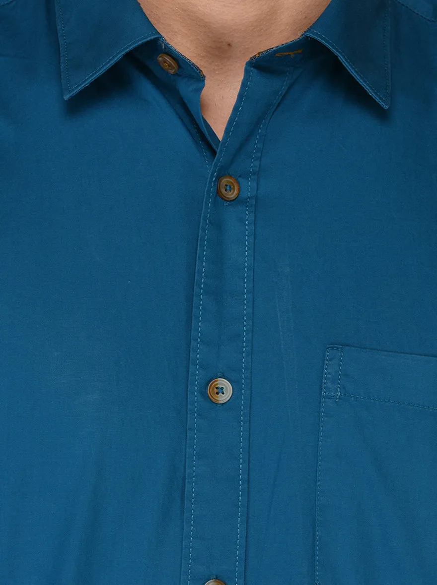 Greenfibre Blue Solid Regular Fit Casual Shirt