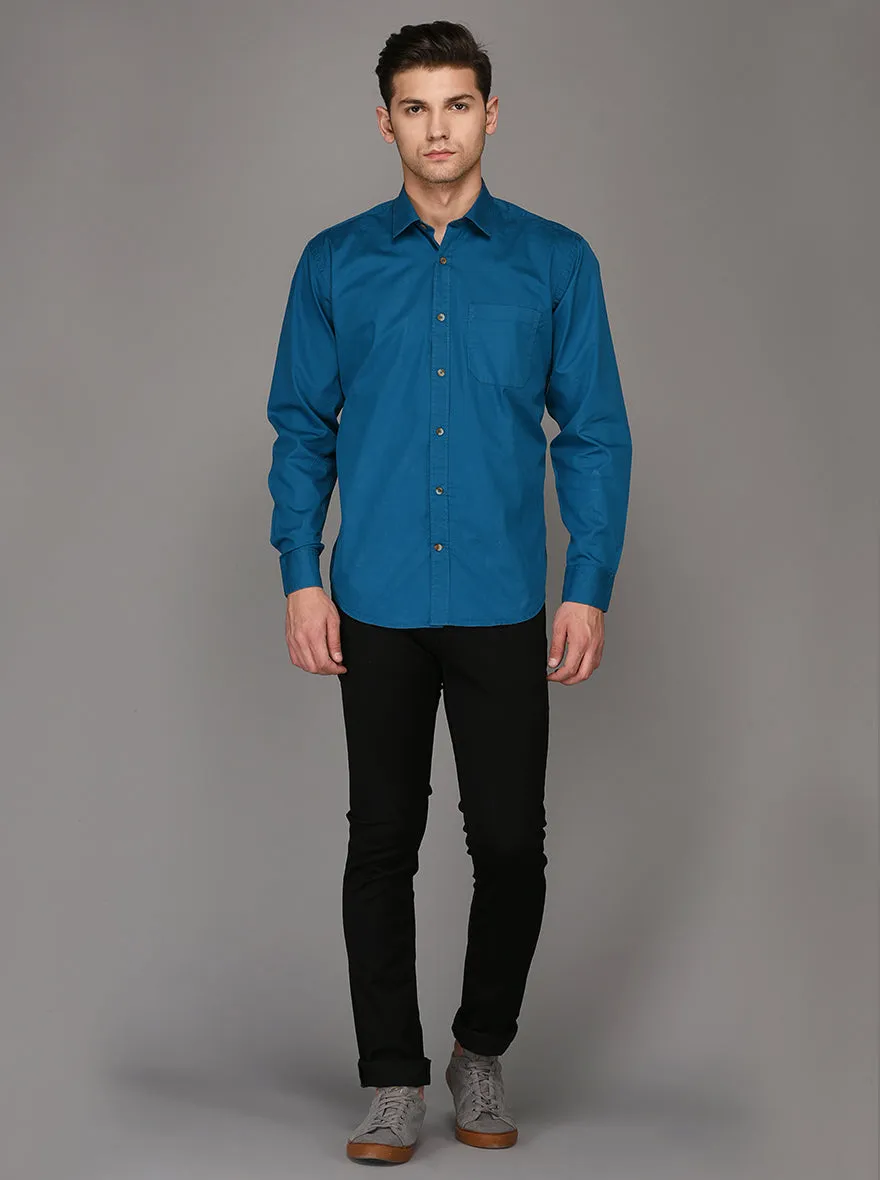 Greenfibre Blue Solid Regular Fit Casual Shirt