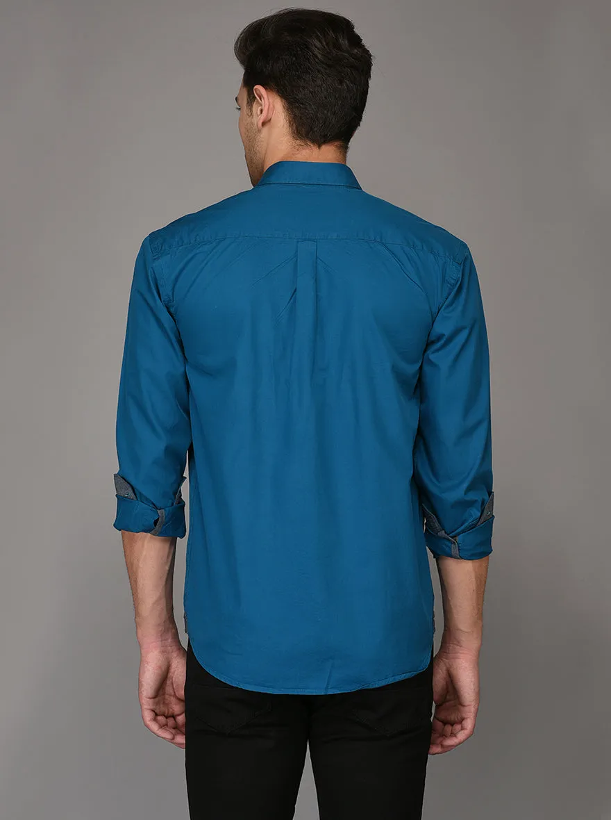 Greenfibre Blue Solid Regular Fit Casual Shirt