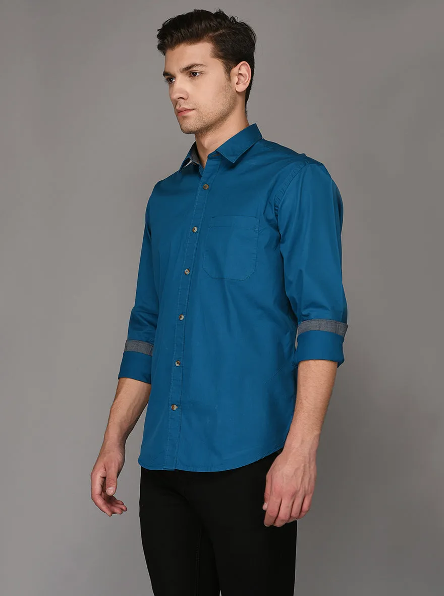 Greenfibre Blue Solid Regular Fit Casual Shirt