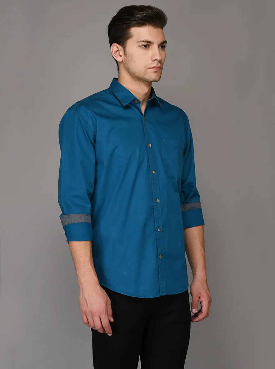 Greenfibre Blue Solid Regular Fit Casual Shirt