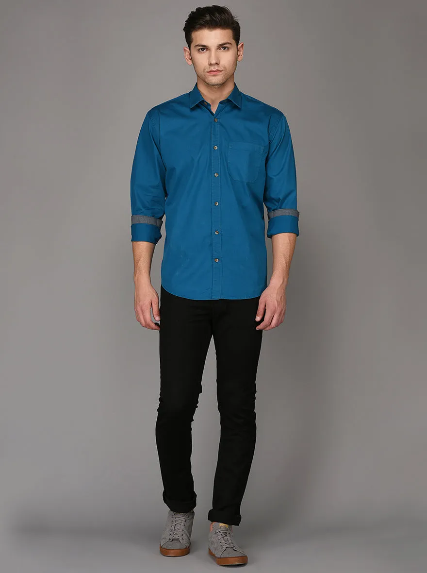 Greenfibre Blue Solid Regular Fit Casual Shirt