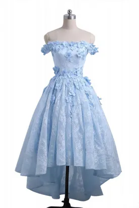 Light Blue Short Dress Lace High Low Homecoming Dress Floral Prom Dresses