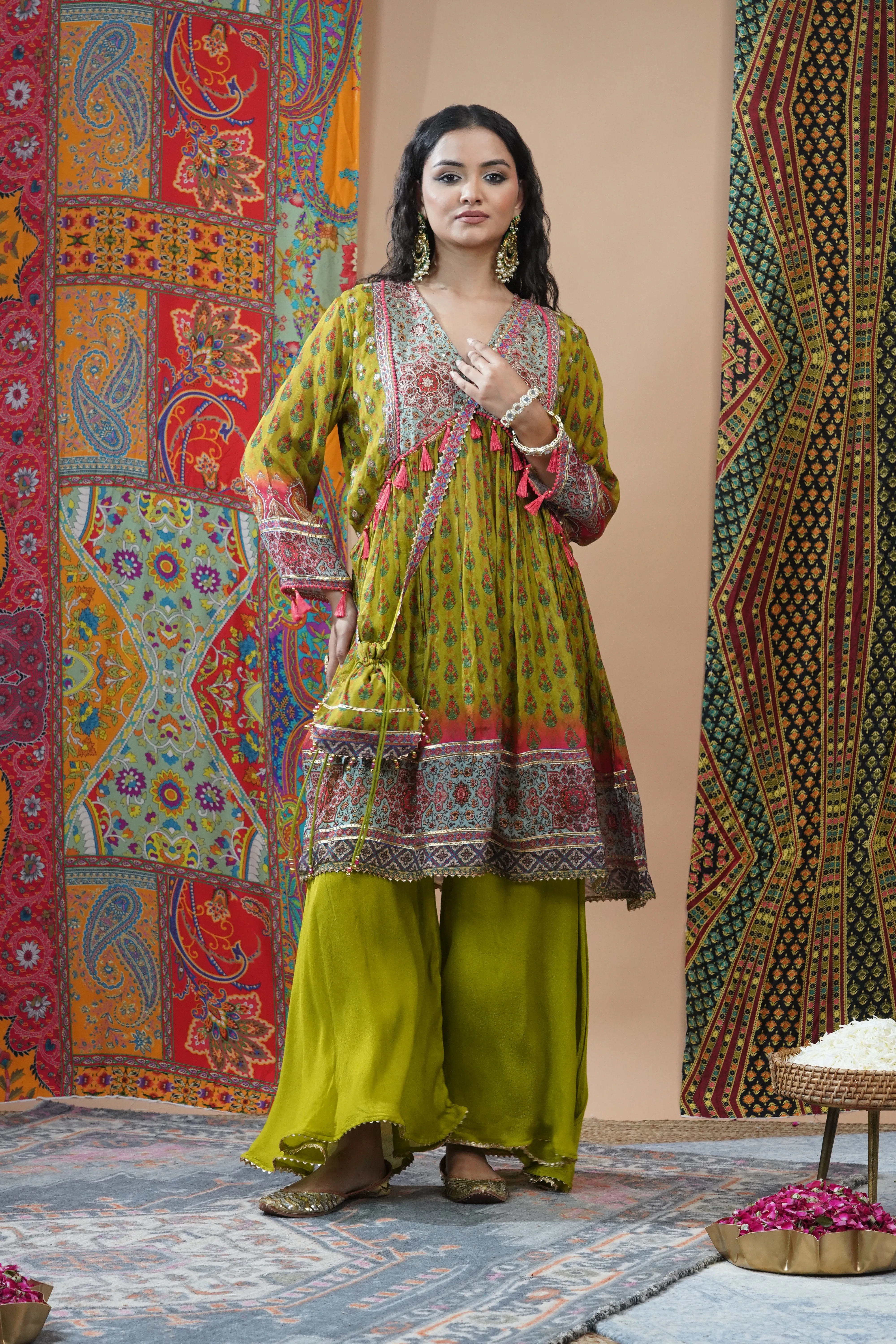 Light Green Traditional Printed Chinon Silk Palazzo Set