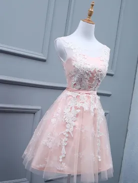 Light Pink Short Lace Prom Dresses, Light Pink Short Lace Graduation Homecoming Dresses