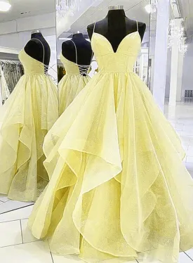 Light Yellow Tulle Straps Long Prom Gown Lace-Up Tulle Evening Dresses